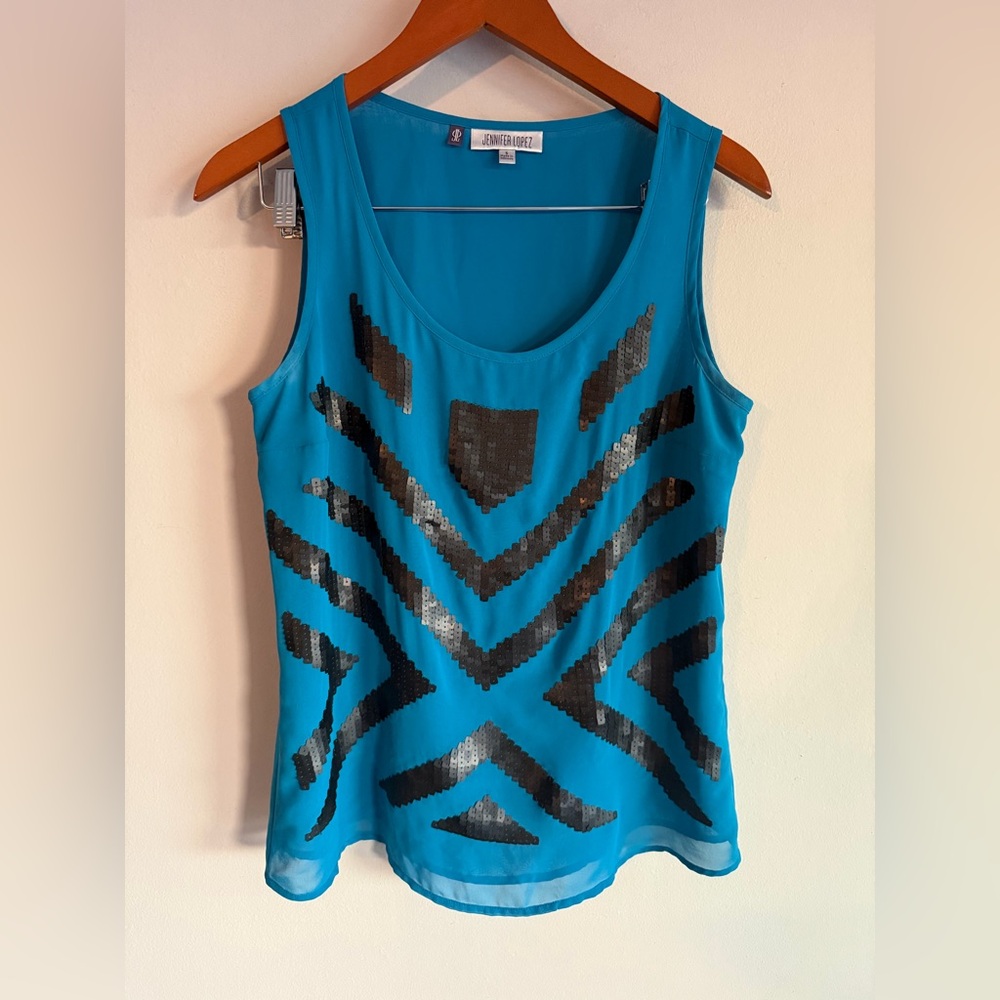 Jennifer Lopez Teal Blue Sequin Geometric Tank‎ Top Sleeveless Blouse Small
